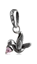 1pc x Sterling Silver Heart Dove October Birthstone Dangle Charm Pink Crystal Fits One Pandora, Biagi, Troll, Chamilla and Many Other European Charm ##EC314