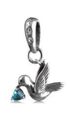 1pc x Sterling Silver Heart Dove September Birthstone Dangle Charm Blue Crystal Fits One Pandora, Biagi, Troll, Chamilla and Many Other European Charm ##EC317