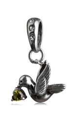 1pc x Sterling Silver Heart Dove August Birthstone Dangle Charm Peridot Green Crystal Fits One Pandora, Biagi, Troll, Chamilla and Many Other European Charm ##EC318
