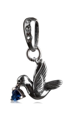 1pc x Sterling Silver Heart Dove September Birthstone Dangle Charm Blue Crystal Fits One Pandora, Biagi, Troll, Chamilla and Many Other European Charm ##EC322