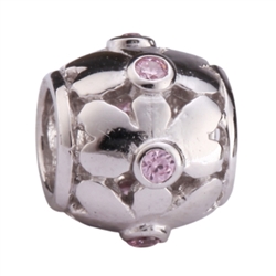 1pc x Sterling Silver Heart-Petal Flower Pink Crystal Charm Fits Pandora Biagi Troll Chamilla European Charm #EC476