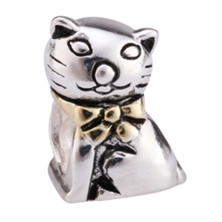 1pc x Sterling Silver Mr.Cat Gentleman with Gold Bowtie Charm Fits Pandora Biagi Troll Chamilla European Charm #EC481