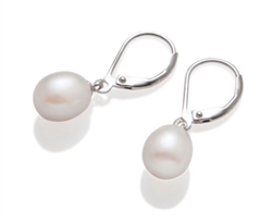 1 Pair Sterling Silver White Cultured Freshwater Pearl Earrings, 8x6mm Beads, AAA Elegant RainDrop Earrings in Gift Box #PE3-1
