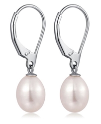 1 Pair Sterling Silver White Cultured Freshwater Pearl Earrings, 8x6mm Beads, AAA+ Elegant Rain Drop Earrings in Gift Box #PE4-1
