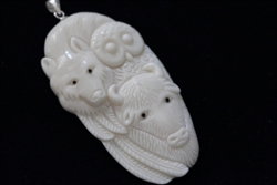 1 x Buffalo-Wolf-Owl Union Buffalo bone Carving Pendant with Sterling silver bail #bp121