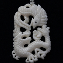 1 x Sacred Dragon & Phoenix Buffalo Bone Hand Carving Pendant with sterling silver bail #bp59