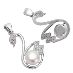 1pc Top Quality Silver Swan Charm/Pendant with Natural Freshwater Pearls, Man Made Diamond Simulants # MCAC41