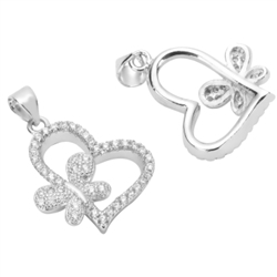 1pc Top Quality Silver Butterfly on Love Heart Charm/Pendant with Man Made Diamond Simulants # MCAC42