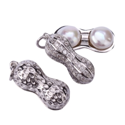 1pc Top Quality Silver Peanut Charm/Pendant with Natural Freshwater Pearl, Man Made Diamond Simulants #MCAC50
